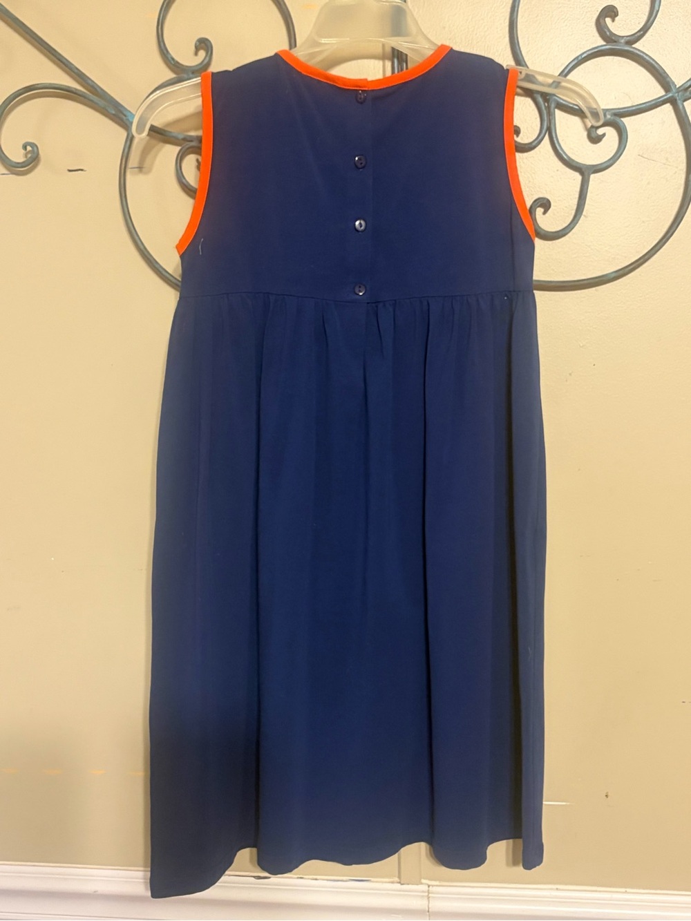 Sugar Navy Sleeveless Smocked Dress with Orange Trim and Tiger Embroidery - Picture 2 of 5